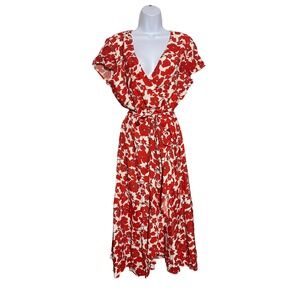 Bardot Floral Print Midi Dress Red‎ White V Neck Tie Waist Women's US 10
